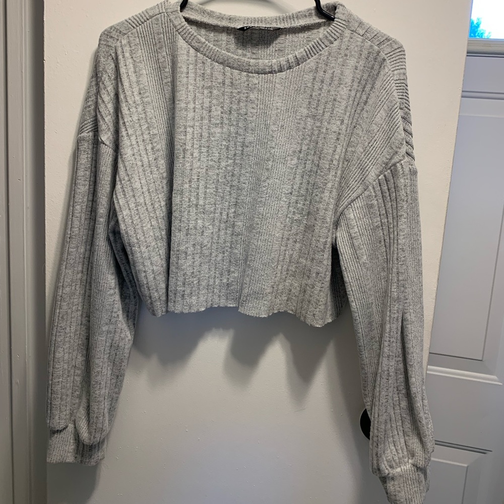 SHEIN Grey Ribbed Long Sleeve Cropped Shirt